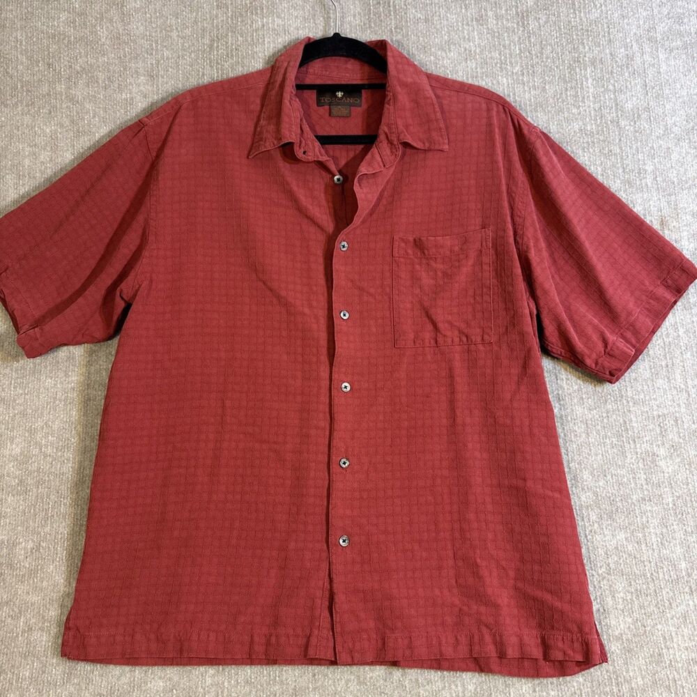 Toscano‎ 100% Silk Button Up Shirt Men XL Short Sleeve Reto Camp Shirt Preppy